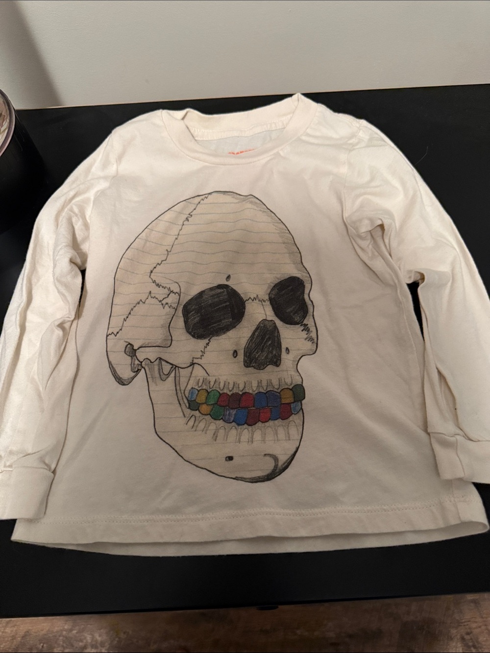 Kids White Long-Sleeve Skull Tee with Colorful Teeth